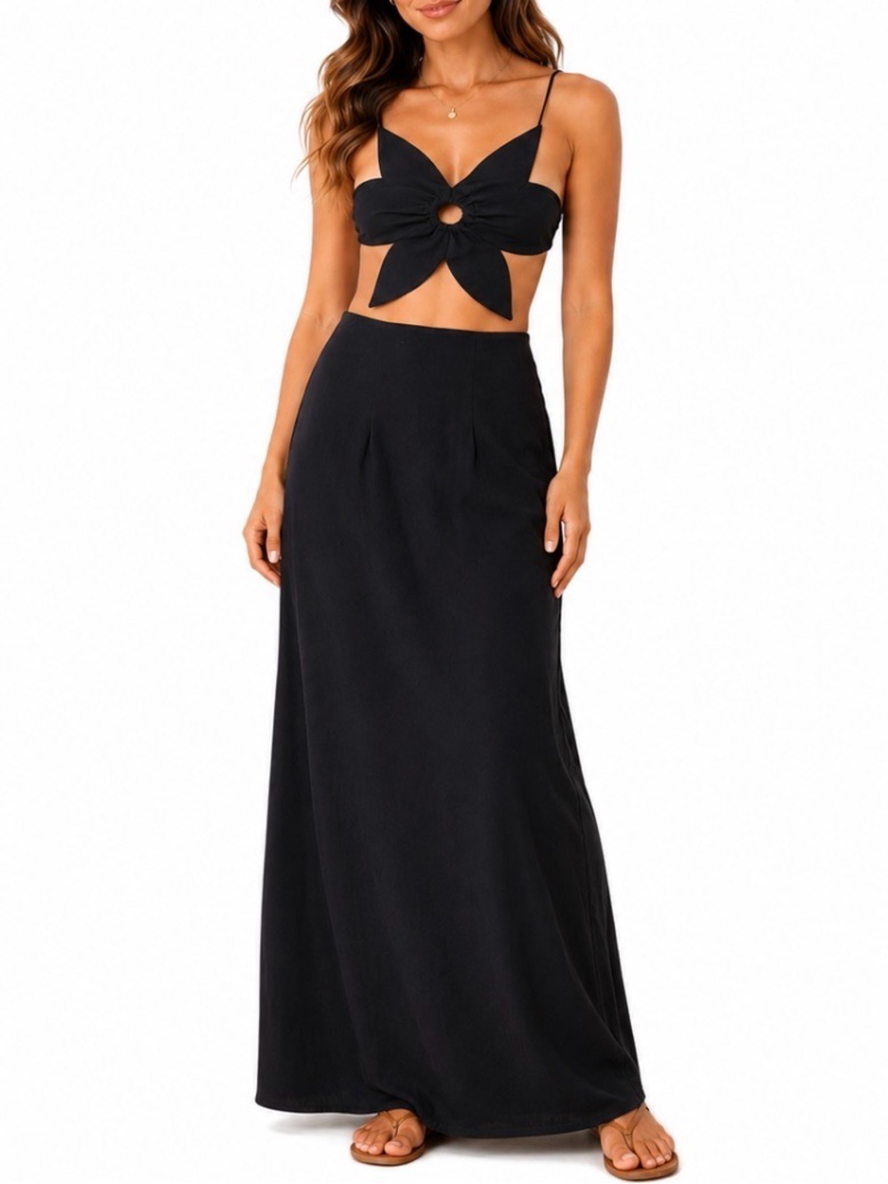 2 piece set Black Women's maxi Straight Skirt - Classic Minimalist top sexy SZ M
